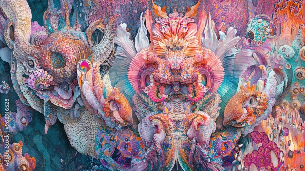Fototapeta premium Vibrant Psychedelic Surreal Digital Art with Fantastical Mythical Creatures and Otherworldly Patterns