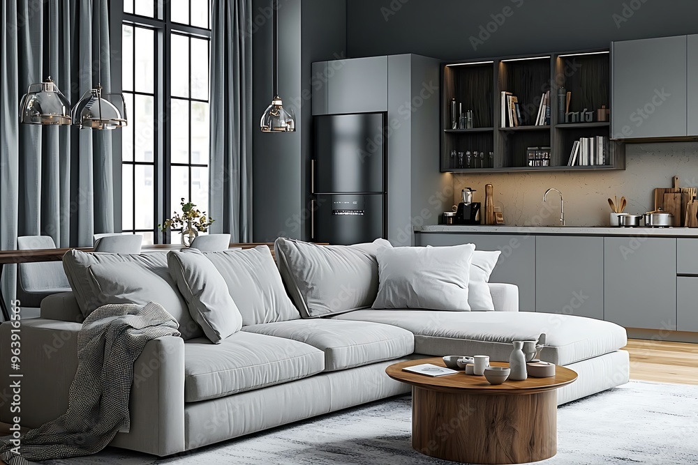 Modern Minimalist Living Room and Kitchen Design in Soft Grey Tones Modern Minimalist Living Room and Kitchen Design in Soft Grey Tones