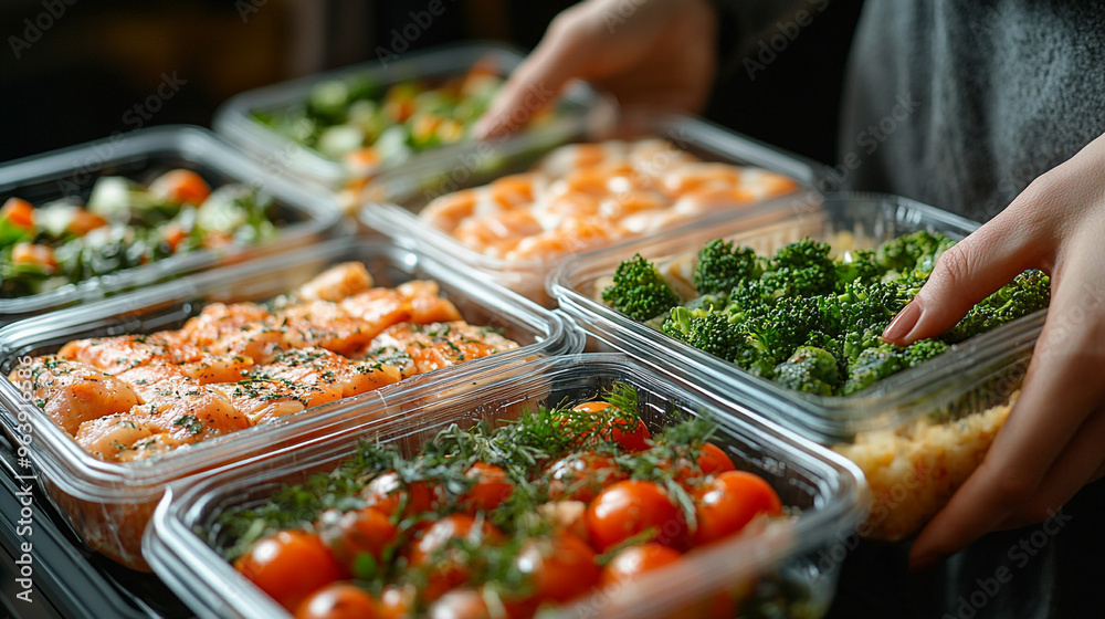 An individual holds meal prep containers filled with fresh vegetables and proteins, showcasing healthy eating and meal planning.