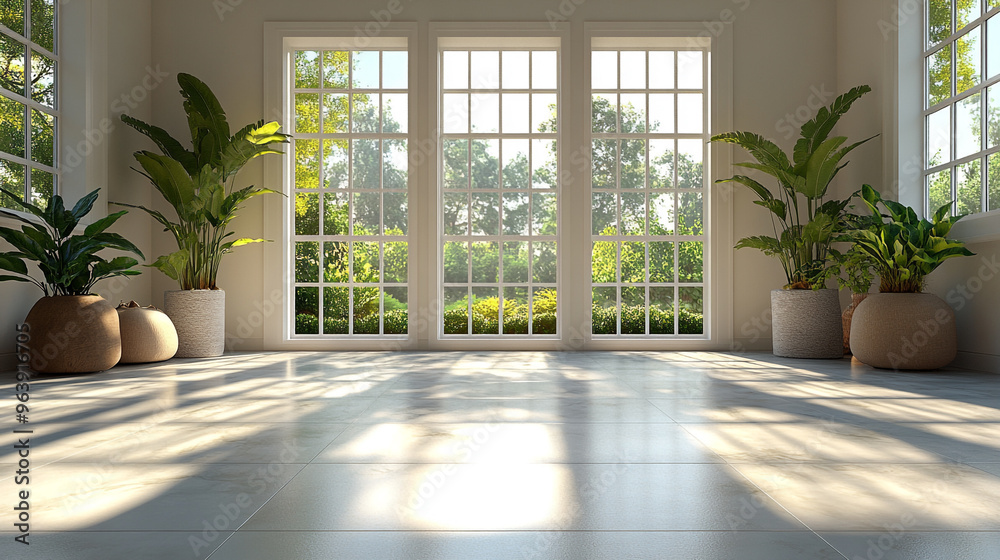 Bright and airy interior with large windows, showcasing lush greenery and elegant plants in modern pots. Bright and airy interior with large windows, showcasing lush greenery and elegant plants in modern pots.