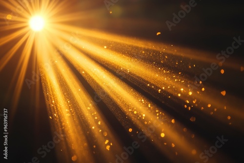 golden sunbeam sunlight beam sunshine sunset bright. Isolated yellow light rays animation. Shine or sun effect on black screen background. Glitter, shiny, bright, flare. orange sunrays, bokeh , ai