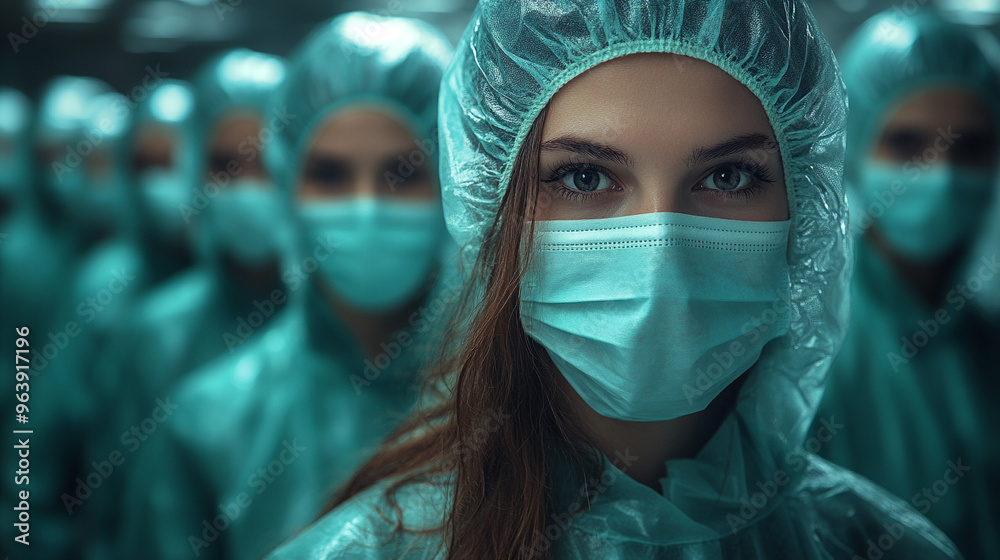 Close-up of a woman wearing a medical mask and gown, surrounded by healthcare workers in surgical attire, conveying a sense of teamwork. Close-up of a woman wearing a medical mask and gown, surrounded by healthcare workers in surgical attire, conveying a sense of teamwork.