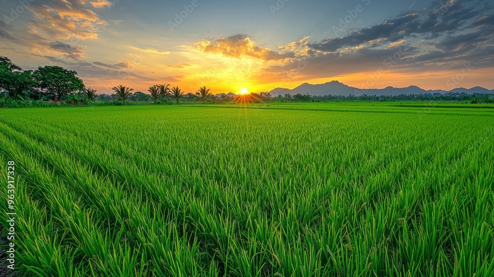 rice field at sunset with golden light reflecting off the water-filled paddies, with distant mountains and a few scattered clouds, wide composition rice field at sunset with golden light reflecting off the water-filled paddies, with distant mountains and a few scattered clouds, wide composition