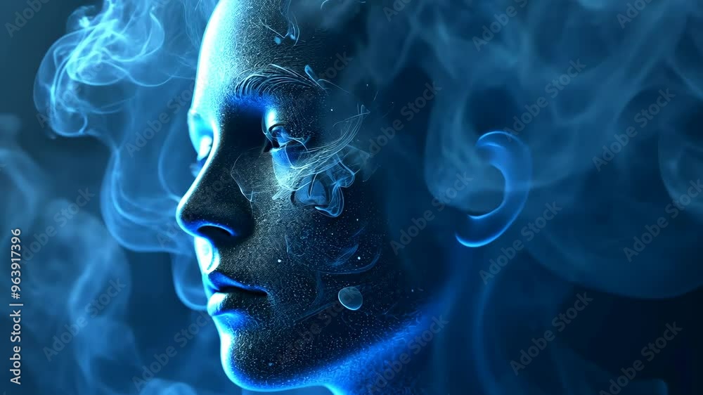 Exploring the ethereal beauty of a person's silhouette shrouded in mist and vibrant blue hues at an artistic studio Exploring the ethereal beauty of a person's silhouette shrouded in mist and vibrant blue hues at an artistic studio