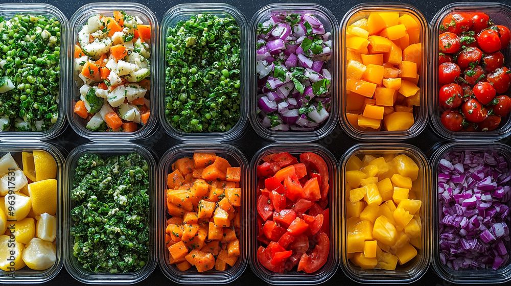 custom made wallpaper toronto digitalColorful assortment of fresh vegetables neatly arranged in containers, perfect for healthy meal prep and vibrant cooking inspiration.