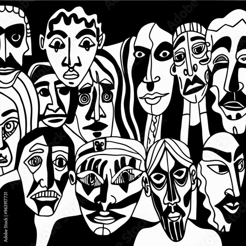 Abstract Monochrome Faces in Cubist Style Artwork