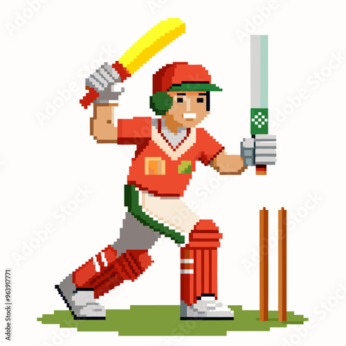 Pixel Art Cricketer in Action Energetic and Vibrant Sports Illustration
