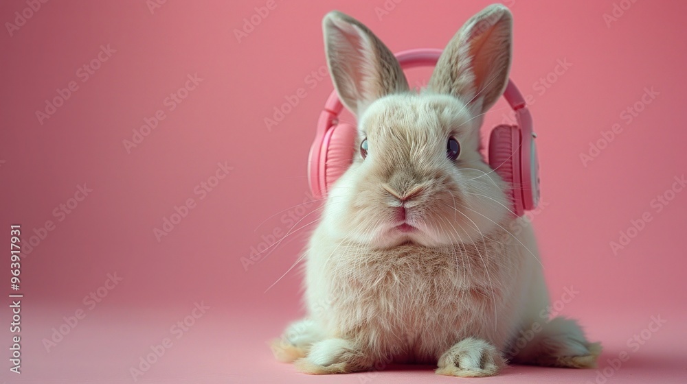 Fototapeta premium Music-Loving White Rabbit Wearing Headphones on Pink Isolated Background