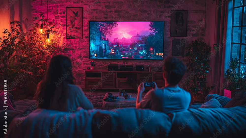 Couple enjoying an immersive gaming experience at home with vibrant lights and a large TV, creating a cozy atmosphere.