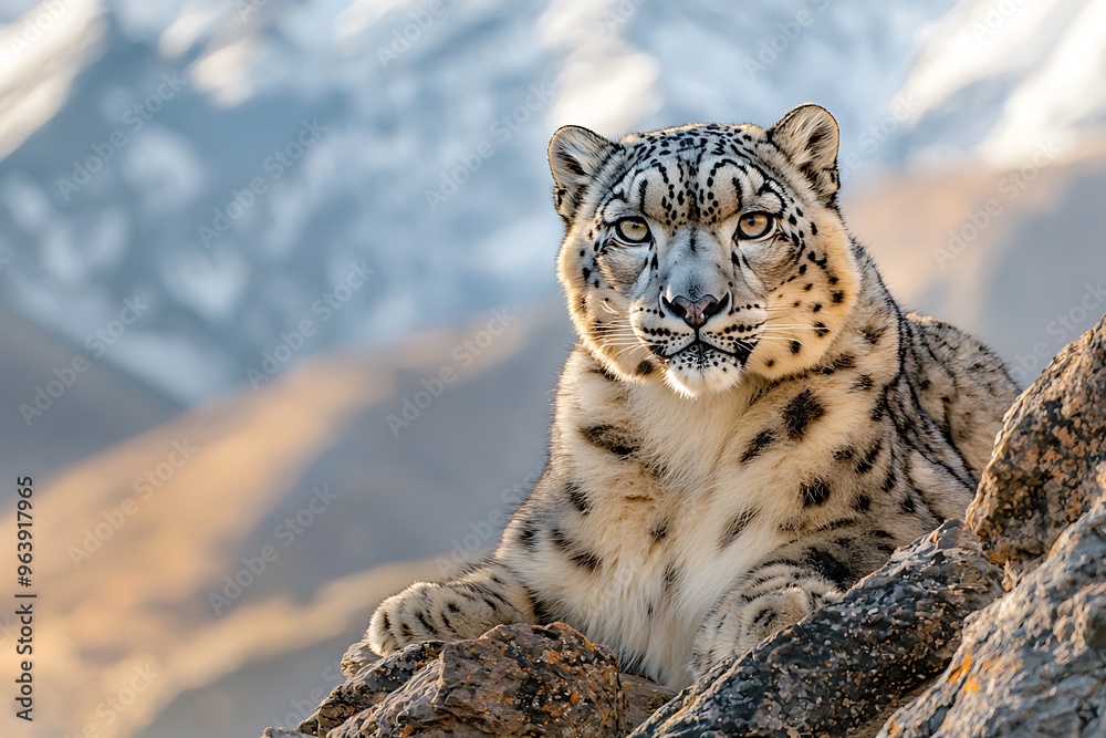 Fototapeta premium Majestic Snow Leopard Observing Its Mountainous Habitat