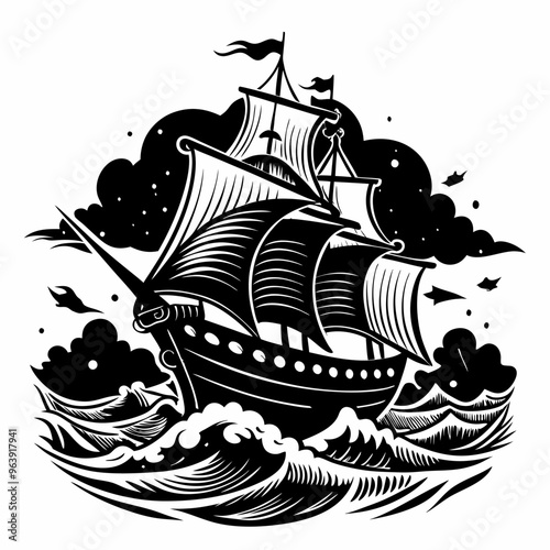 Vintage Sailing Ship Illustration in Stormy Seas with Bold Black and White Design photo