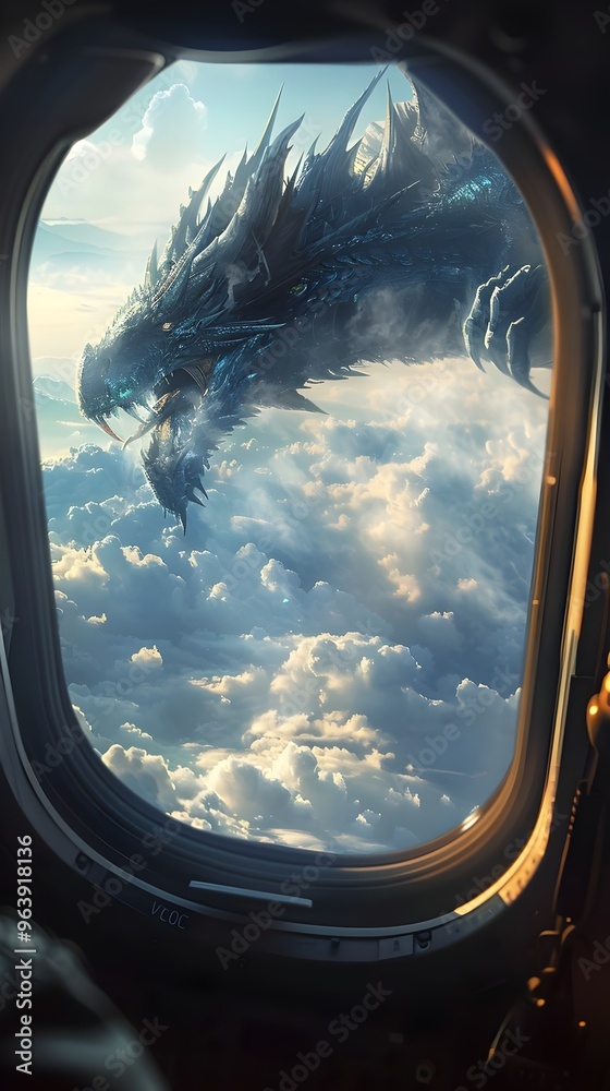 Fototapeta premium Majestic Dragon Emerging Clouds Through Airplane Window Fantasy. AI Generated