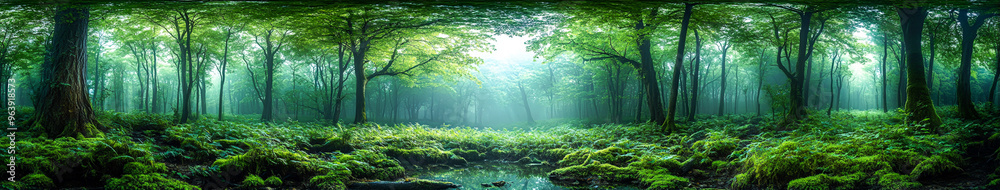 Obraz premium Enchanted Forest: Mysterious Depths of Ancient Trees and Lush Undergrowth in Hyper-Realistic Photo with Text Space