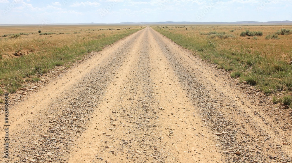 Fototapeta premium Long Gravel Road Through Dry Grassland Landscape
