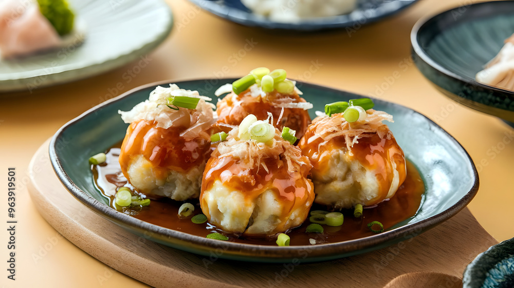Close-up of a plate of Japanese Takoyaki topped with green onions and sauce in a cozy Japanese restaurant setting with soft lighting and traditional interior design. Close-up of a plate of Japanese Takoyaki topped with green onions and sauce in a cozy Japanese restaurant setting with soft lighting and traditional interior design.