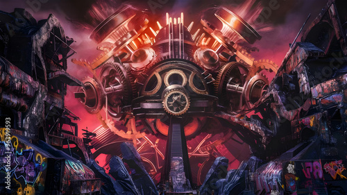 the power and precision of a big mechanical equipment, gears turning and pistons pumping perfectly.