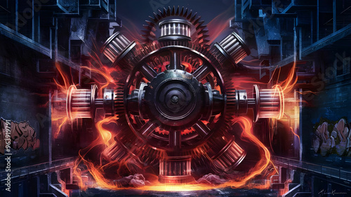 the power and precision of a big mechanical equipment, gears turning and pistons pumping perfectly.