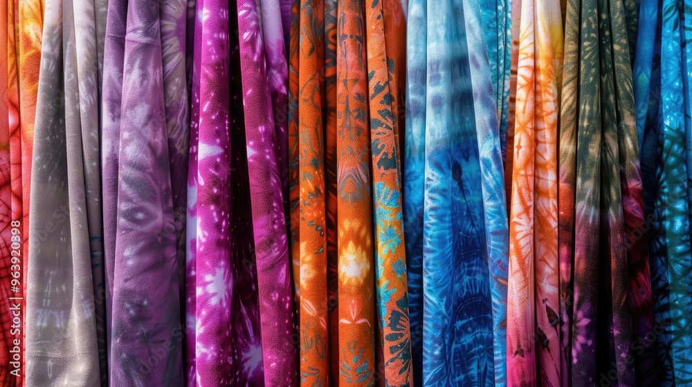 Display of tie-dyed fabric.