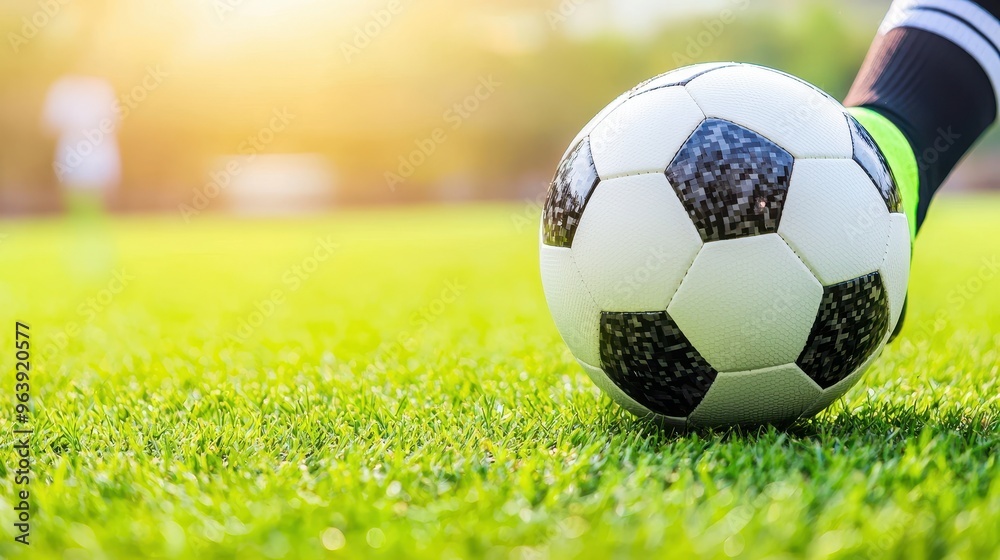 Fototapeta premium Soccer Ball on Green Grass Field