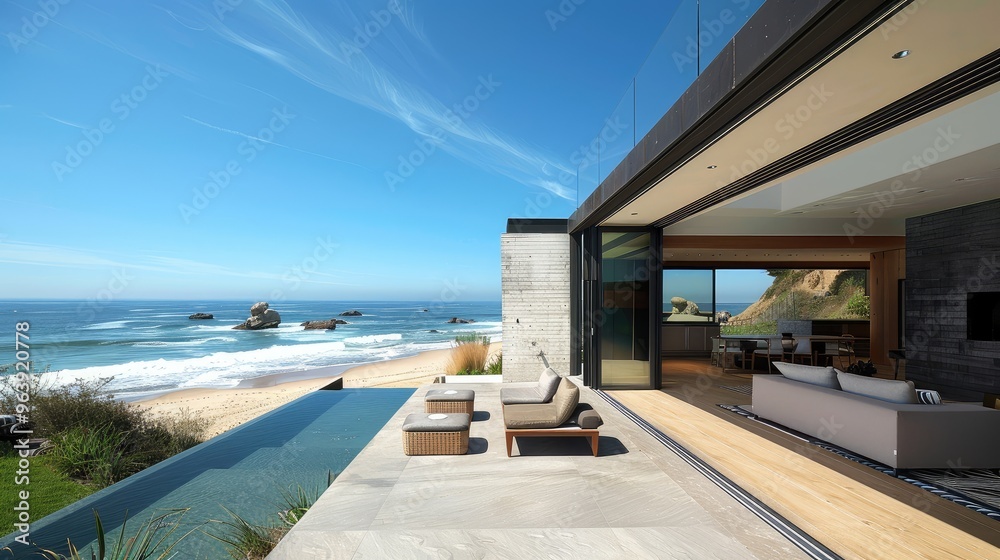 Fototapeta premium Modern Coastal Retreat with Ocean Views and Inviting Interiors