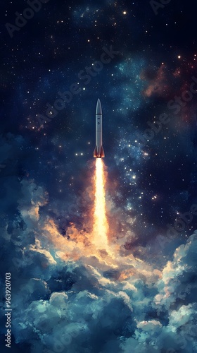 A Rocket Launching Through Clouds and Stars