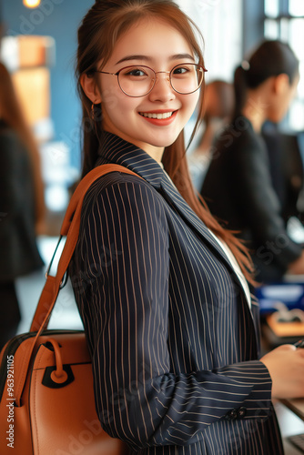 A young woman in a striped blazer smiles while carrying a brown bag photo