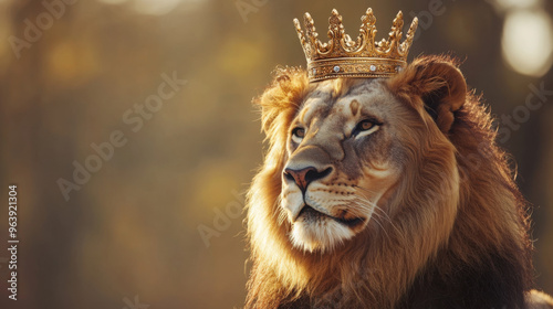 A majestic lion with a golden crown perched on its head, standing proudly in a sunlit savannah. -