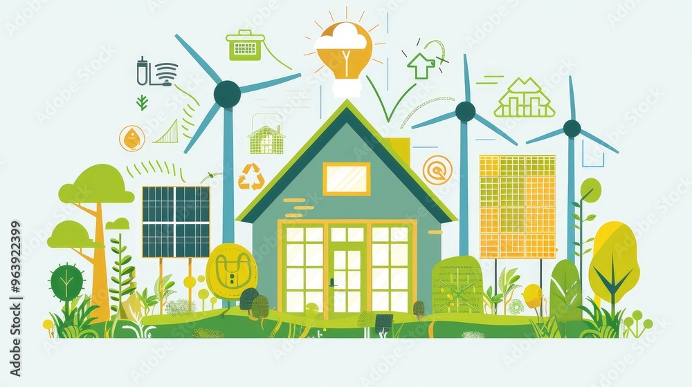 Embracing Sustainability: A Modern Eco-Friendly Home Illustration Embracing Sustainability: A Modern Eco-Friendly Home Illustration