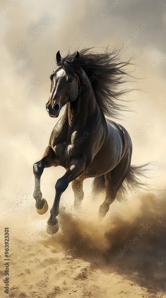 Black Horse Running Through Dust with Windblown Mane Black Horse Running Through Dust with Windblown Mane