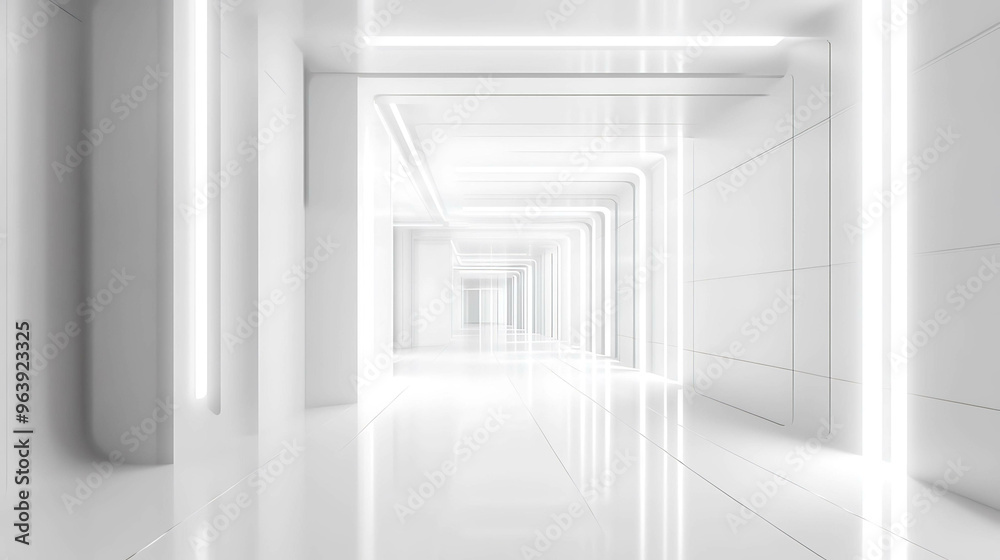 A futuristic white corridor with bright lights and a sleek design. A futuristic white corridor with bright lights and a sleek design.