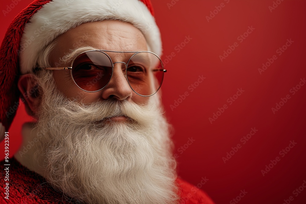 Portrait of a cool man with a white beard in a Santa Claus costume and sunglasses isolated on a red background, in the minimalistic style, copy space concept. Portrait of a cool man with a white beard in a Santa Claus costume and sunglasses isolated on a red background, in the minimalistic style, copy space concept.
