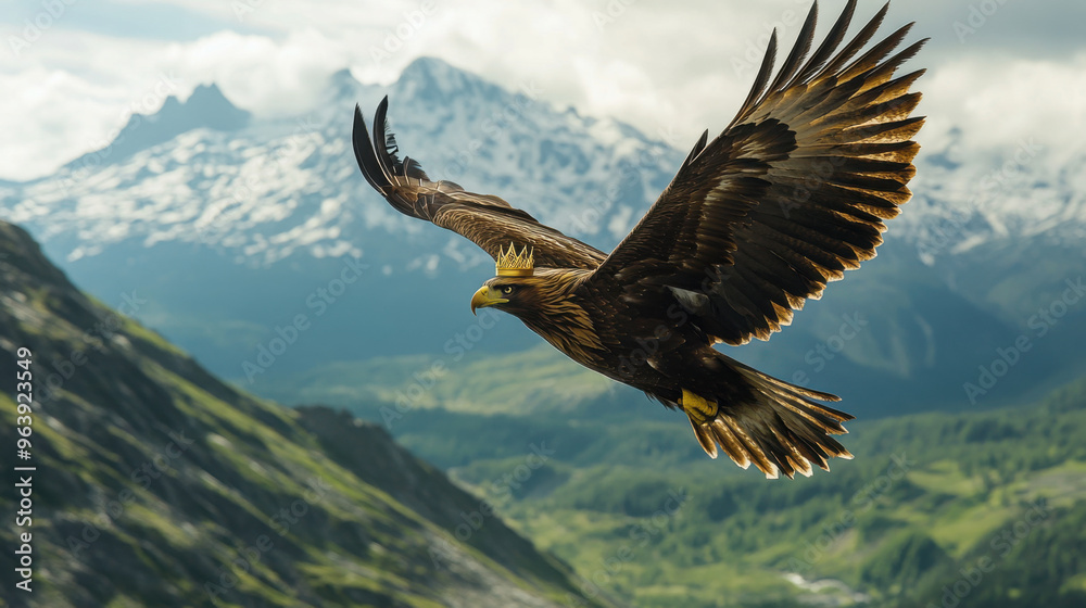 Fototapeta premium A golden eagle wearing a small golden crown, soaring high above a mountainous landscape.