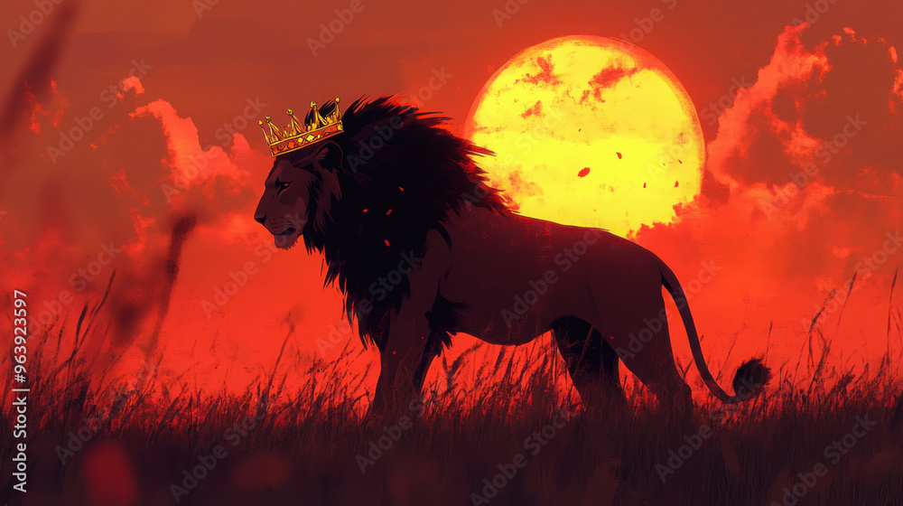 A lion with a golden crown silhouetted against a fiery sunset, standing tall in a grassy plain. A lion with a golden crown silhouetted against a fiery sunset, standing tall in a grassy plain.