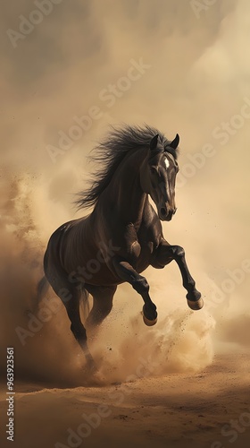 A Black Horse Leaping Through a Dust Cloud in a Desert photo