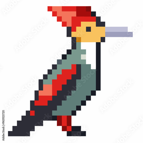 Pixel Art of a Colorful Woodpecker with Green and Red Feathers photo