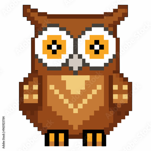 Pixel Art Brown Owl with Big Eyes on White Background   Retro Gaming Style Animal Illustration photo