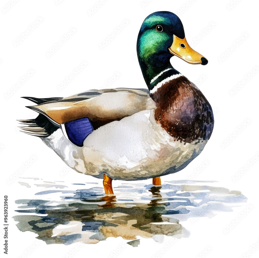 Obraz premium Male mallard duck standing in calm water, cut out - stock png.