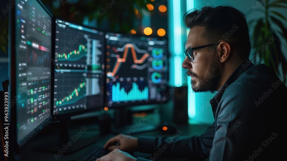 Focused Trader Analyzing Financial Data on Multiple Screens