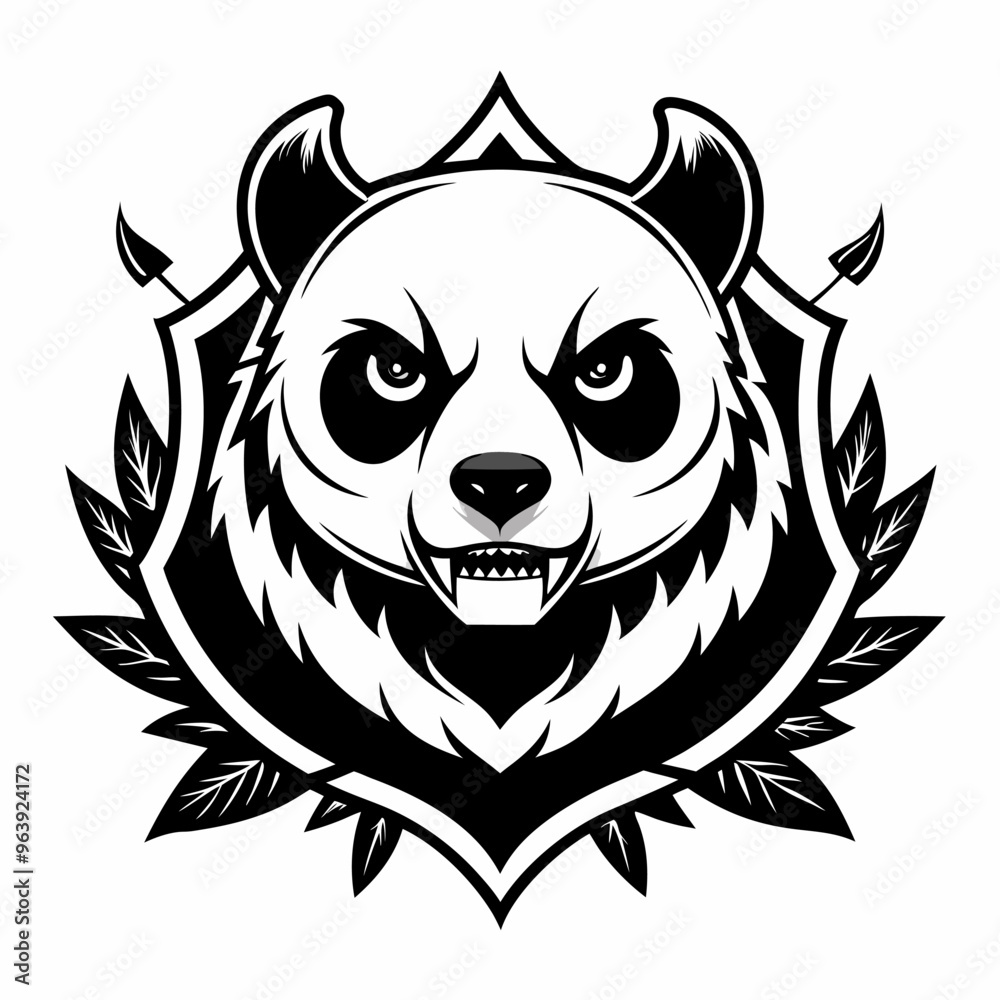Fierce Panda Emblem in Monochrome with Tribal Shield and Spear Elements Fierce Panda Emblem in Monochrome with Tribal Shield and Spear Elements