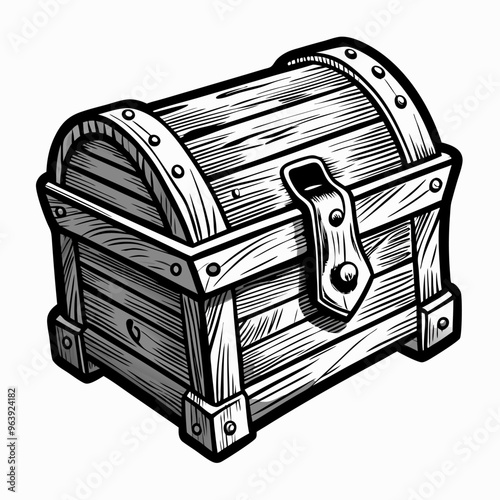 Hand Drawn Wooden Treasure Chest Illustration with Vintage Locking Mechanism