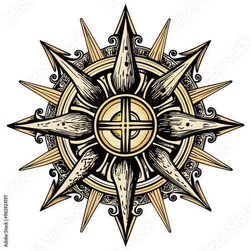 Intricate Celestial Sun with Ornate Spikes and Central Symbol Design