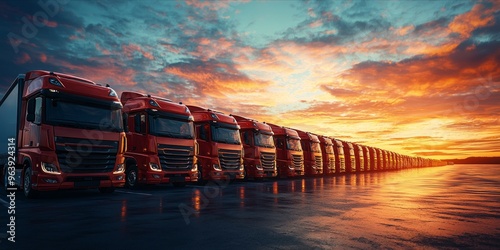 Fleet of Red Trucks Lined Up During Stunning Sunset at Industrial Parking Lot photo