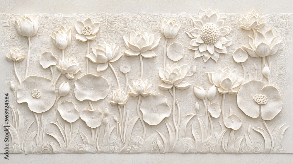 White Lotus Flower Relief Sculpture on Beige Wall White Lotus Flower Relief Sculpture on Beige Wall