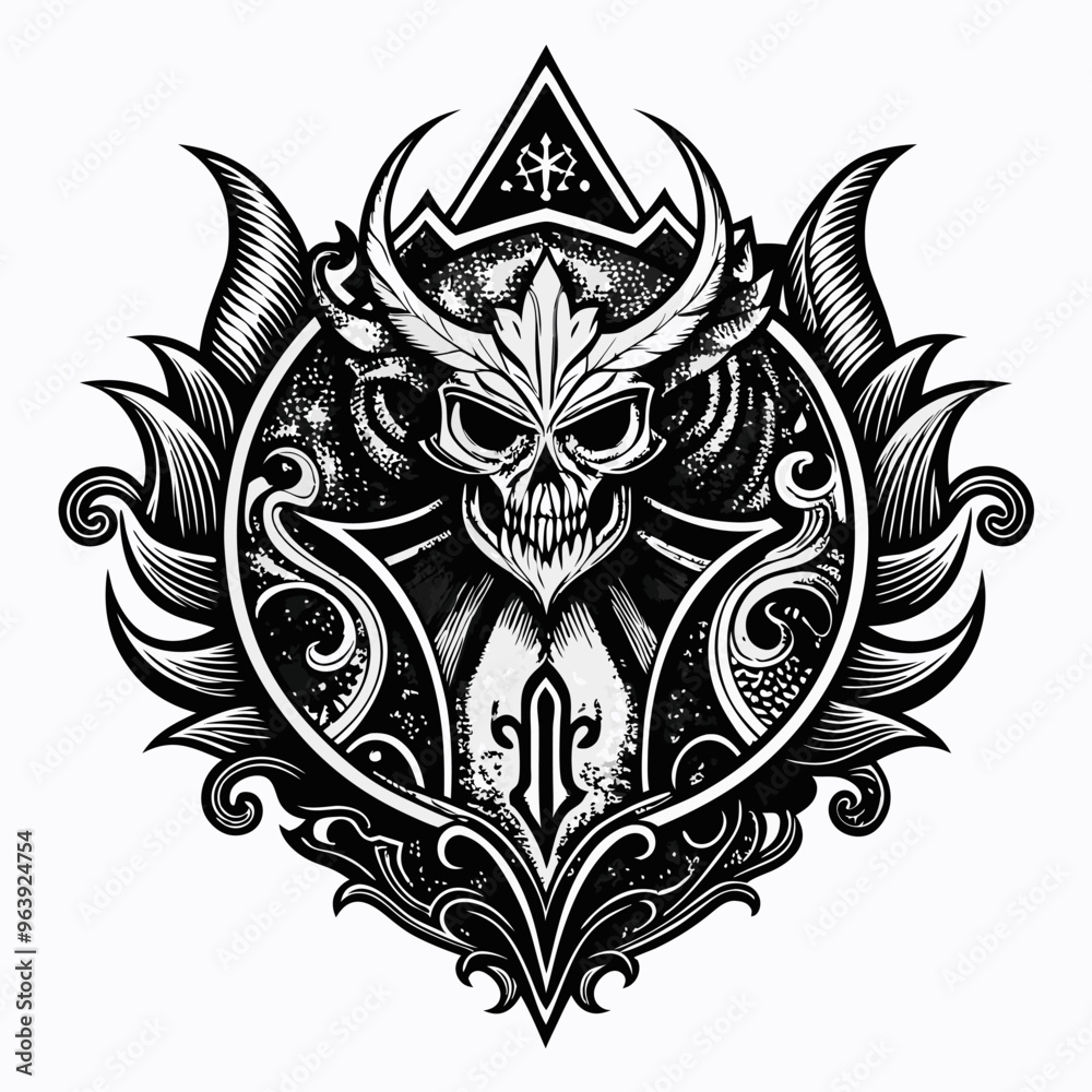 Intricate Monochrome Demon Skull with Horns and Ornate Patterns Intricate Monochrome Demon Skull with Horns and Ornate Patterns