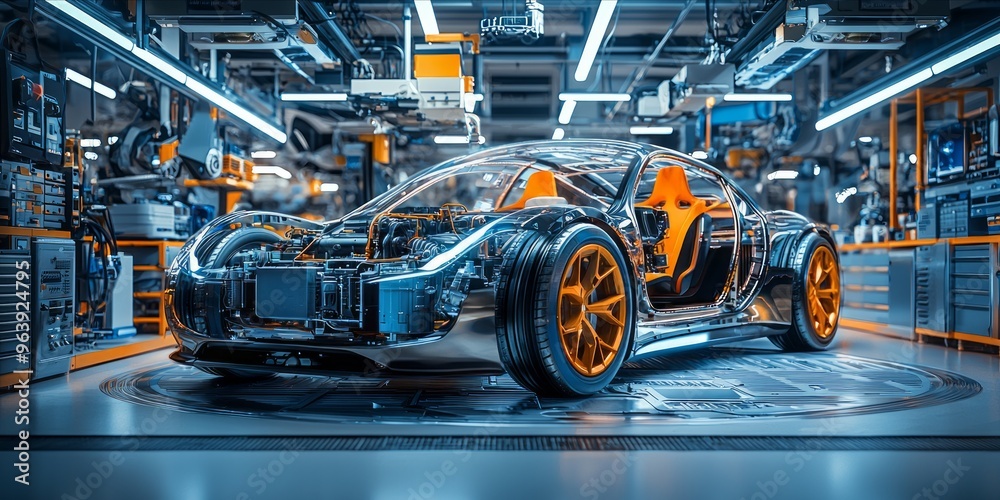 Futuristic Electric Sports Car in a High-Tech Automotive Factory Futuristic Electric Sports Car in a High-Tech Automotive Factory