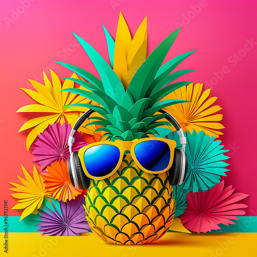 illustration of paper art Pineapple with headphones and sunglasses on the abstract background. 