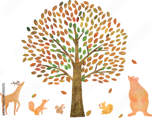 Big tree - white background vector frame illustration of fashionable autumn plants and forest animals in Scandinavian style.