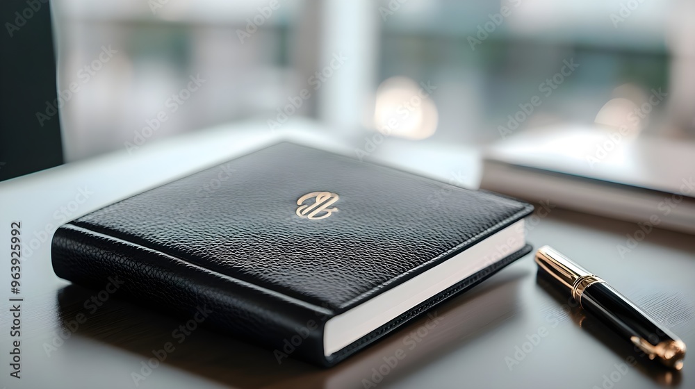 Black Leather Notebook & Gold Pen - Business Desk Black Leather Notebook & Gold Pen - Business Desk