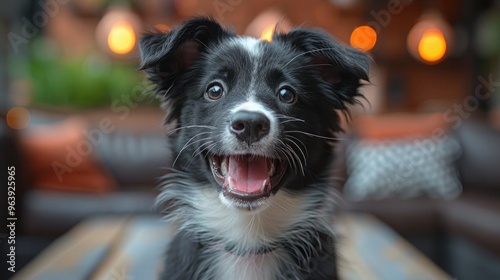 Pawsitively Hilarious: Border Collie Puppy with a Comical Expression on a Vibrant Purple Background photo