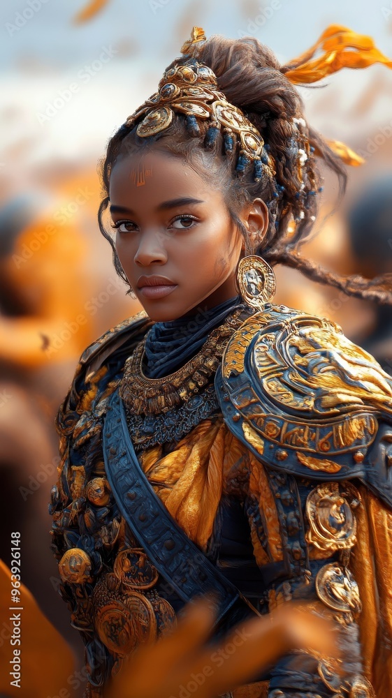 Fototapeta premium African women donning intricately designed knight suits, ready for battle in an ancient battlefield.